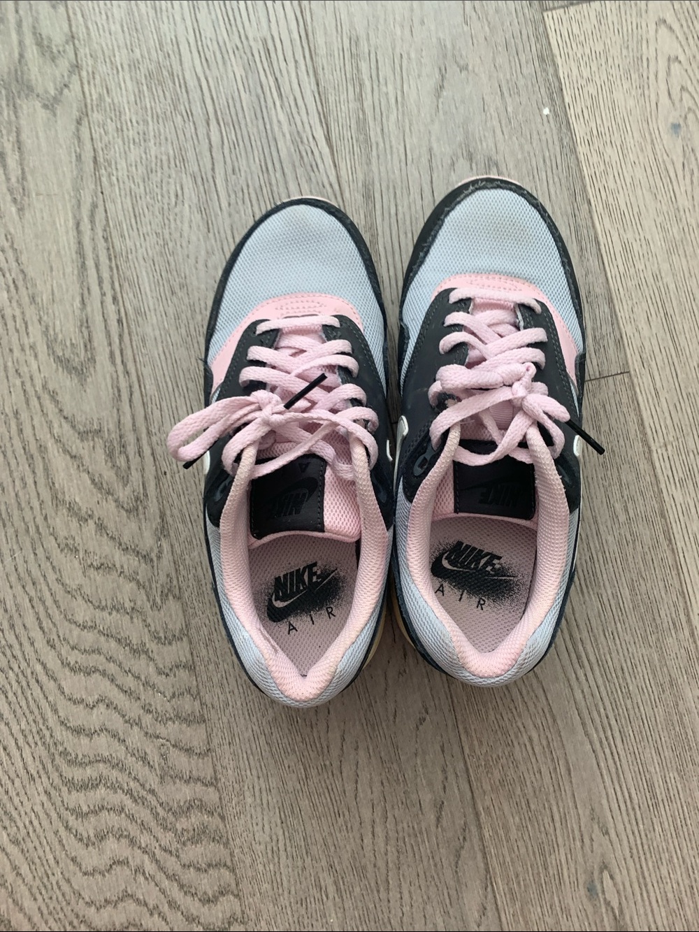 Nike air kids pink black and a cool grey blue